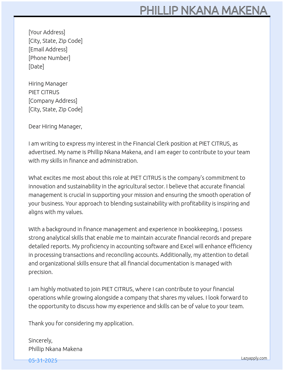 Financial clerk At PIET CITRUS Cover Letter