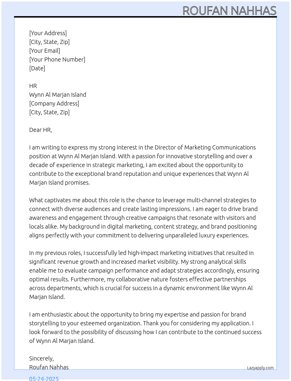 Director - Marketing Communications At Wynn Al Marjan Island Cover Letter