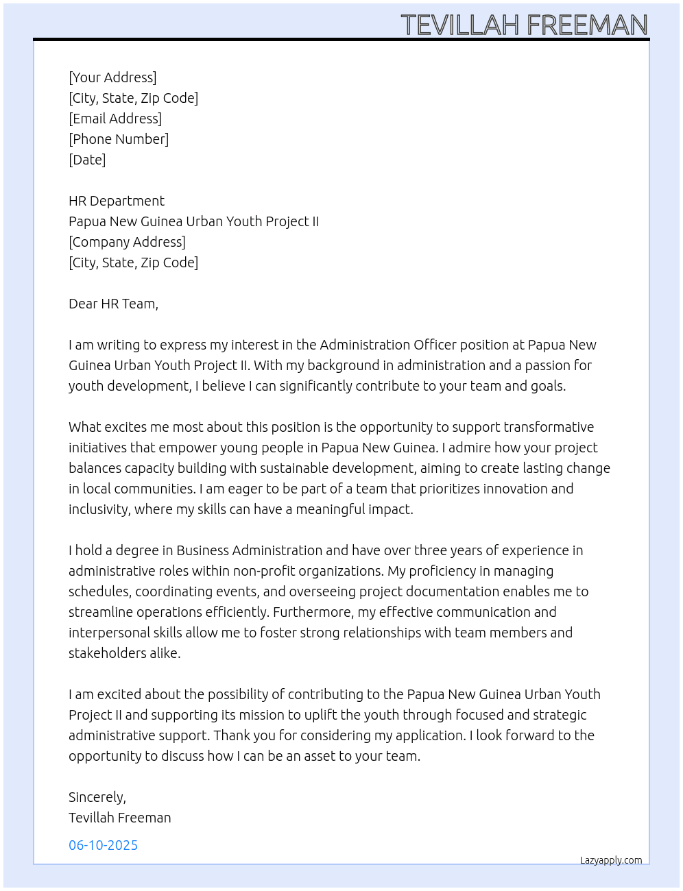Administration officer At Papua New Guinea urban youth project ii Cover Letter