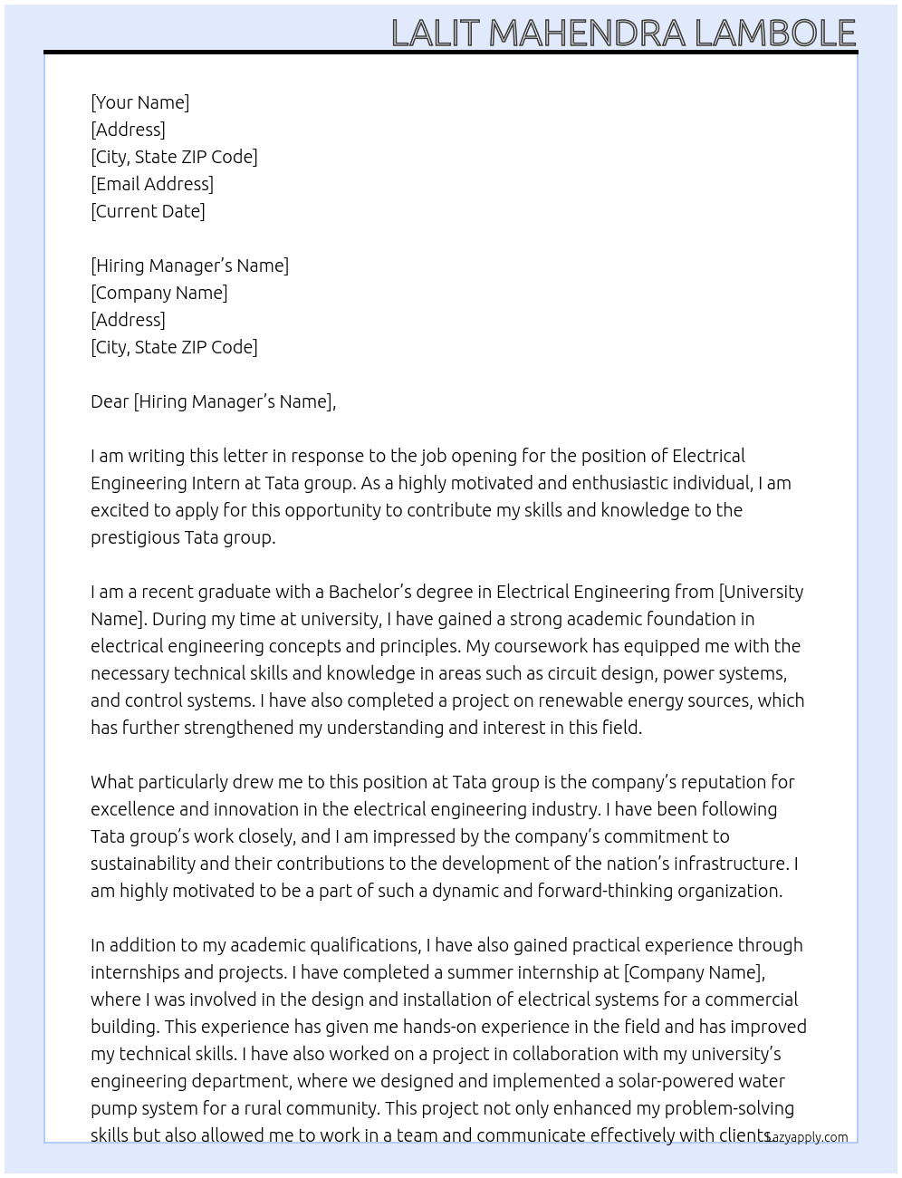 Electrical Engineering Intern At Tata group Cover Letter