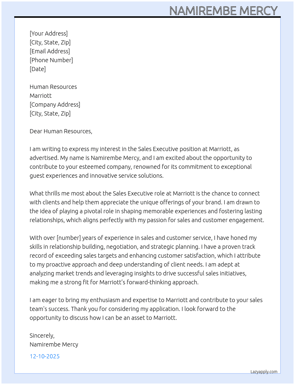 Sales Executive At Marriott Cover Letter