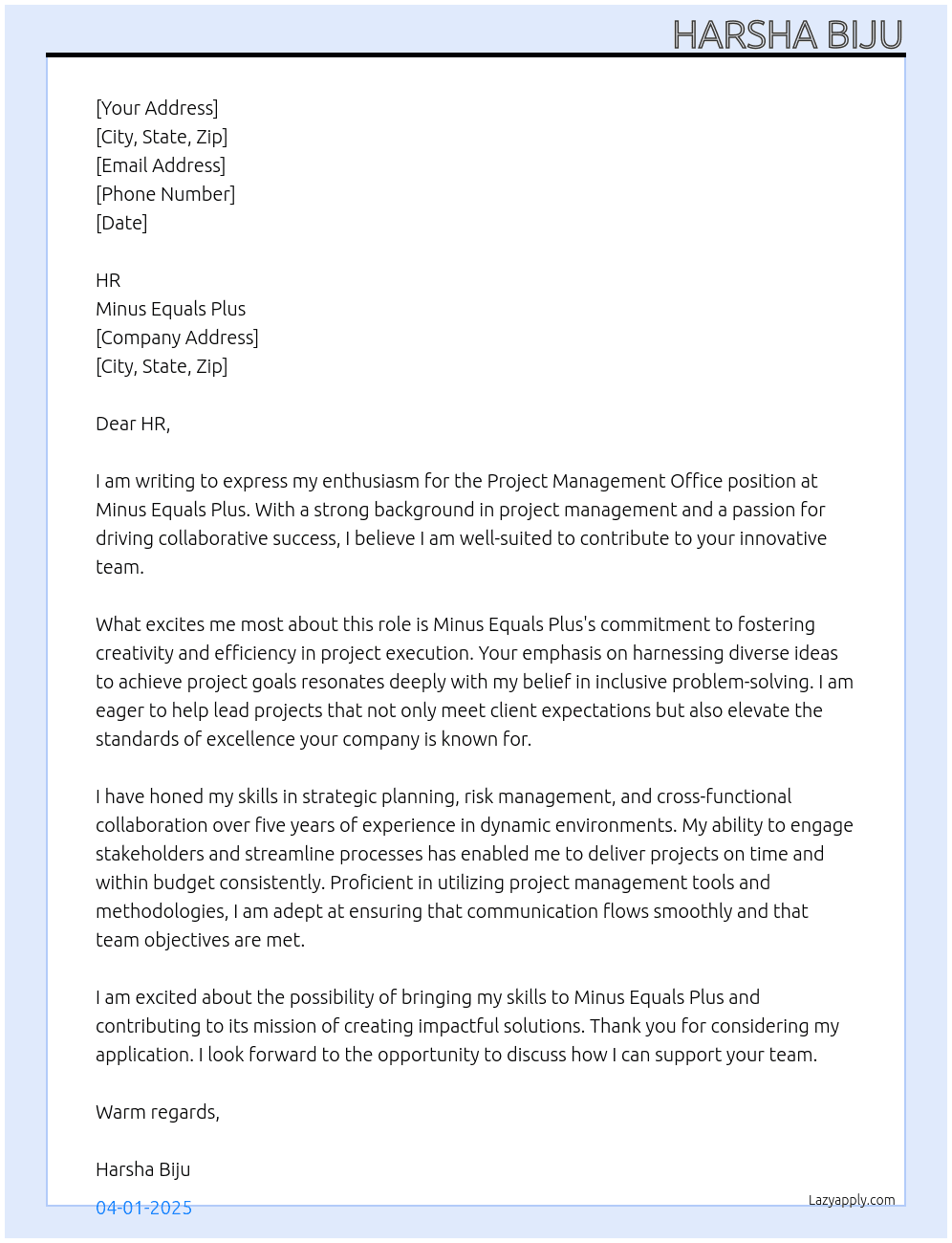 Project management office At Minus equals plus Cover Letter
