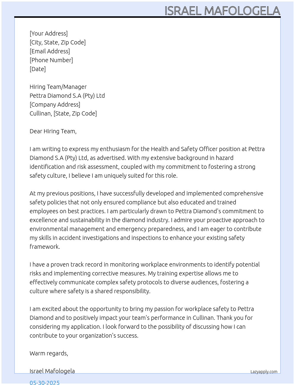 Health and Safety Officer,  At Pettra Diamond S.A (Pty) Ltd Cover Letter