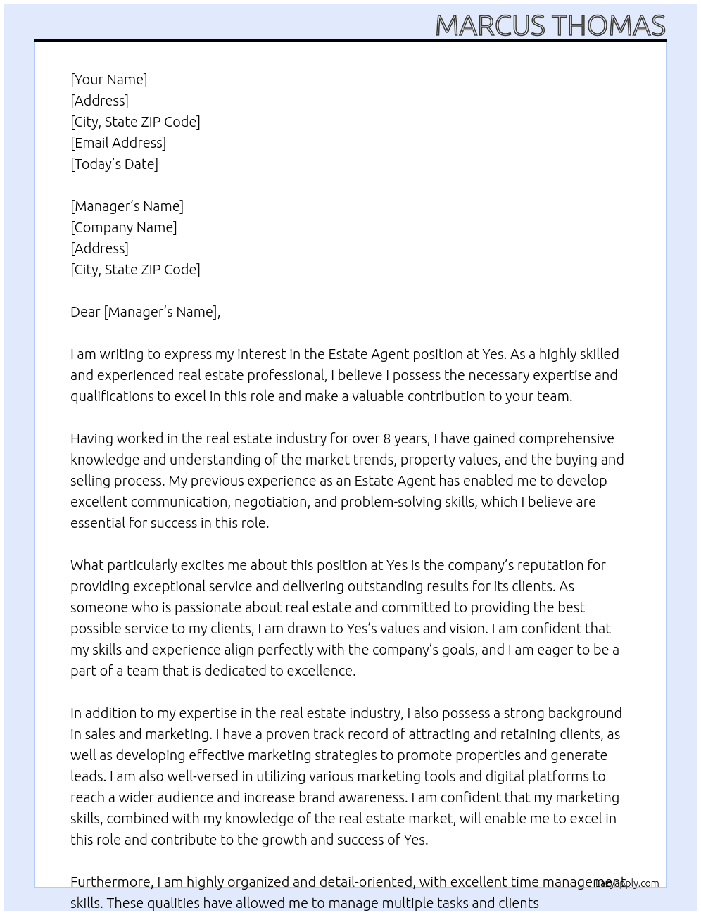 Estate agent At Yes Cover Letter