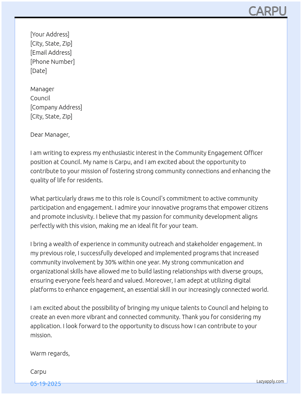 community engagement officer At council Cover Letter