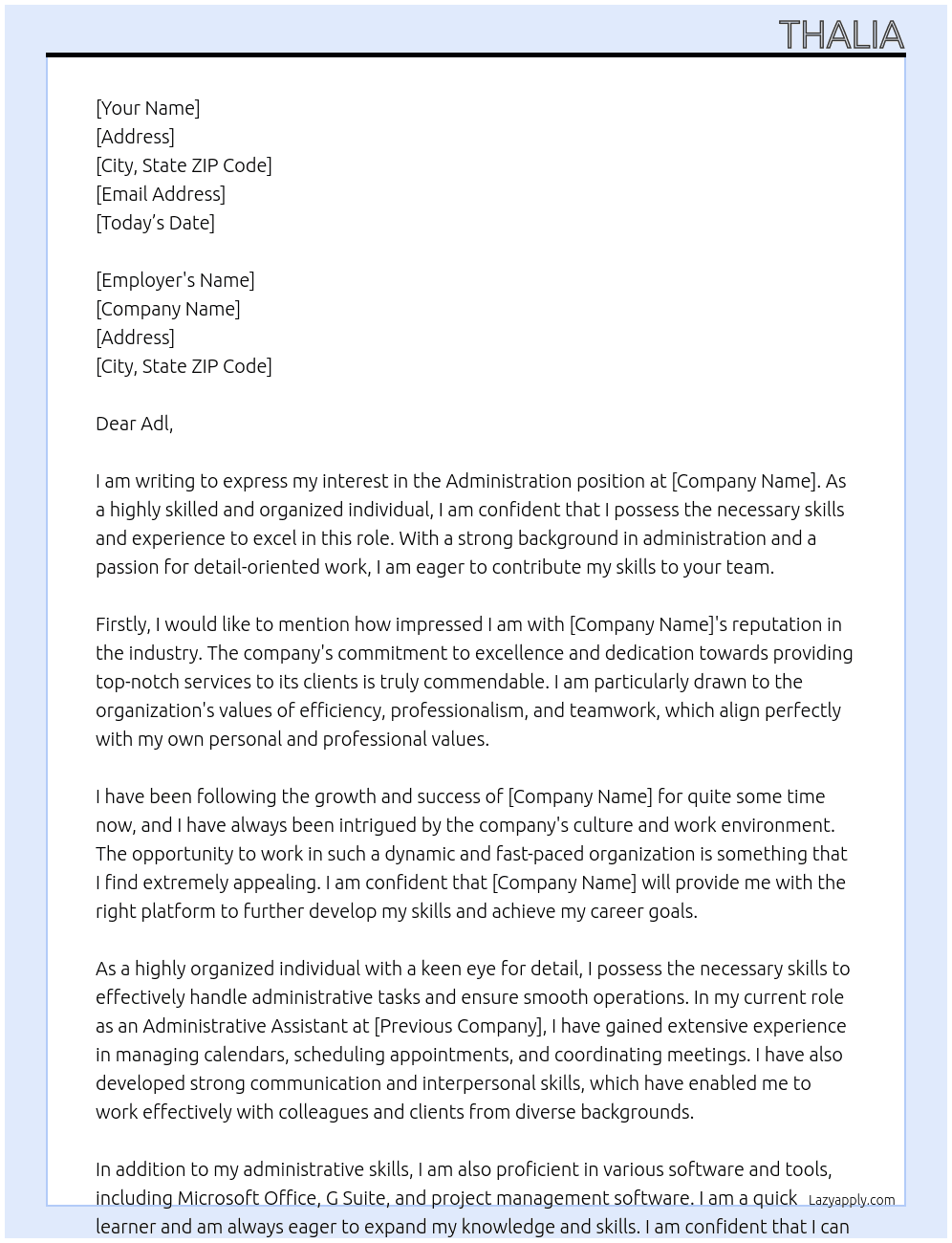 administration  At administration  Cover Letter