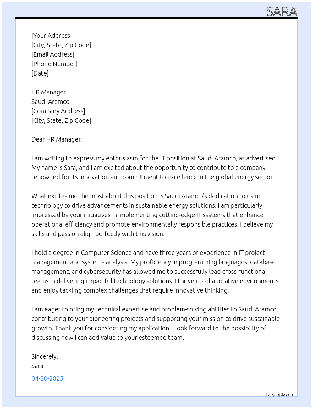 it  At saudi aramco Cover Letter