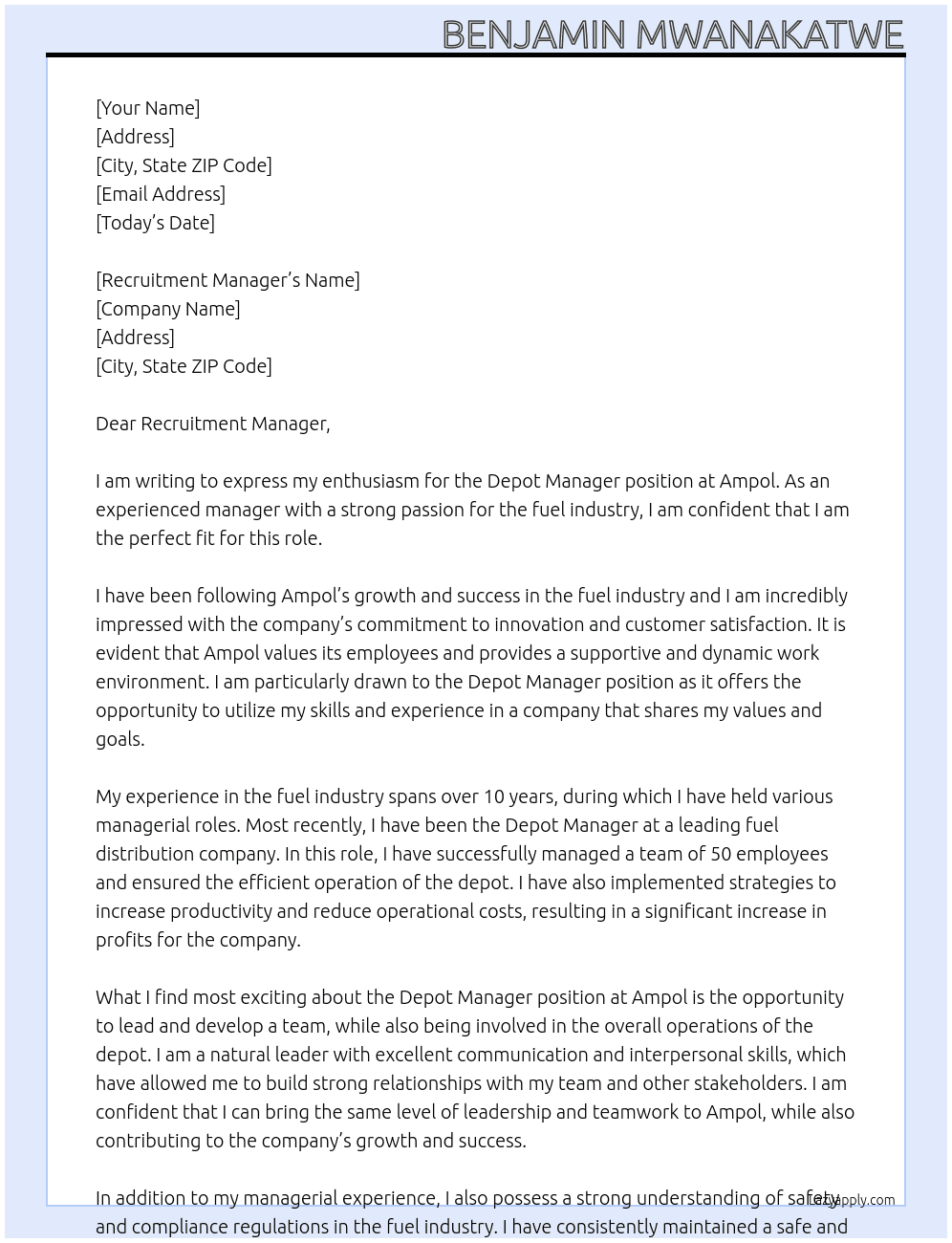 Cover letter for depot manager - LazyApply
