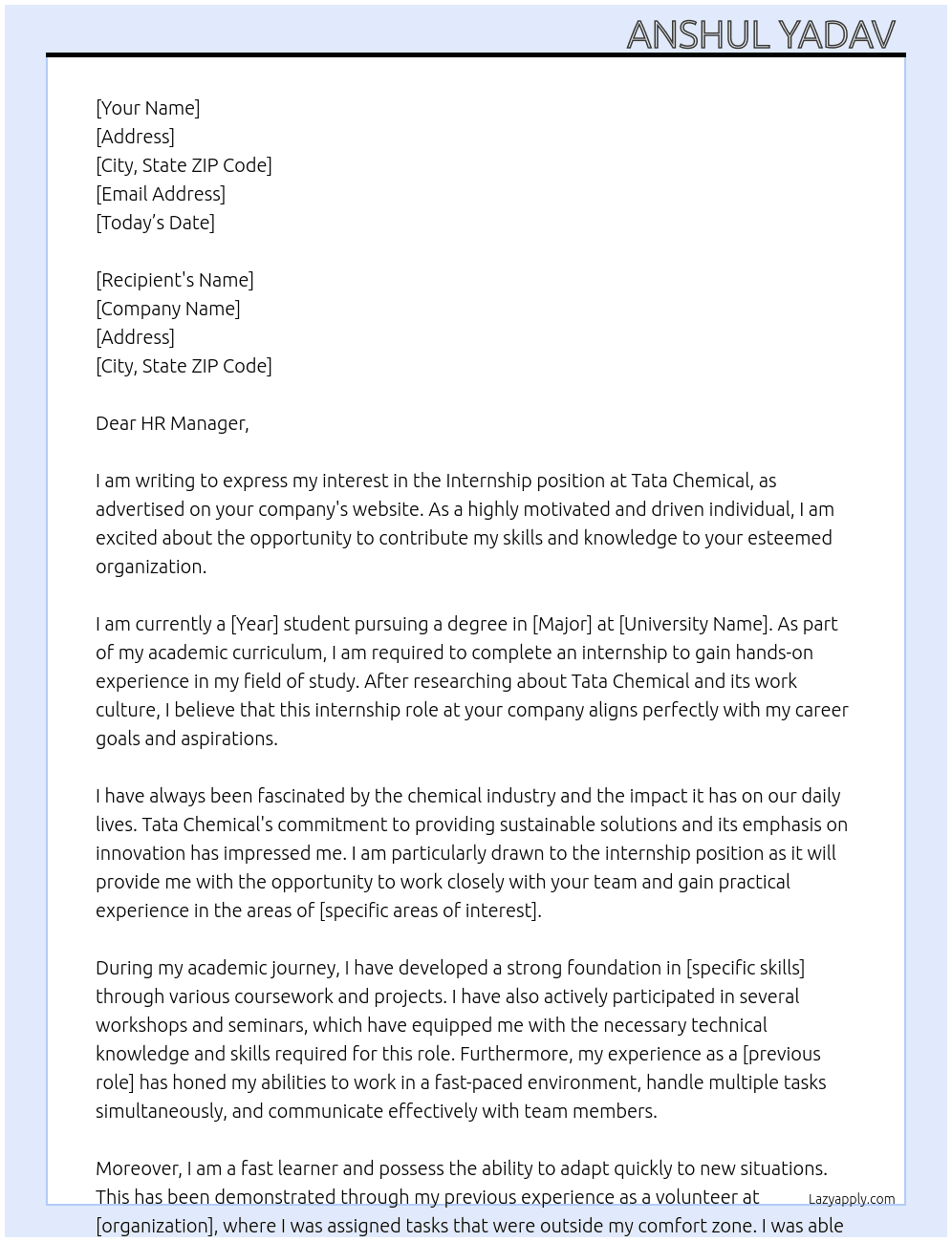 Internship  At Tata Chemical  Cover Letter