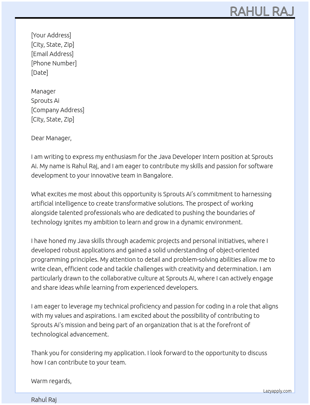 Cover letter for java developer intern - LazyApply