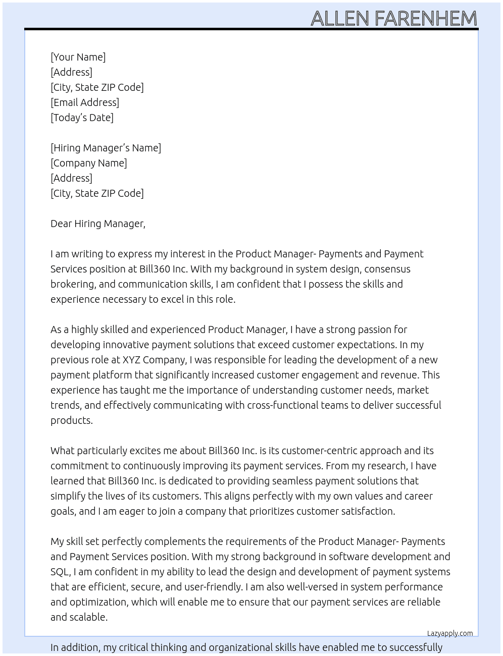 Product Manager- Payments and Payment Services At Bill360 Inc Cover Letter