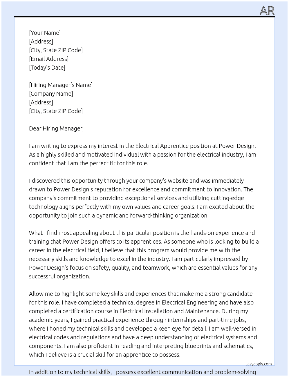 Electrical apprentice At Power Design Cover Letter