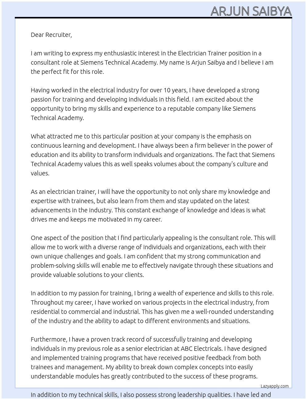 Electrician Trainer in a consultant role At Siemens Technical Academy Cover Letter