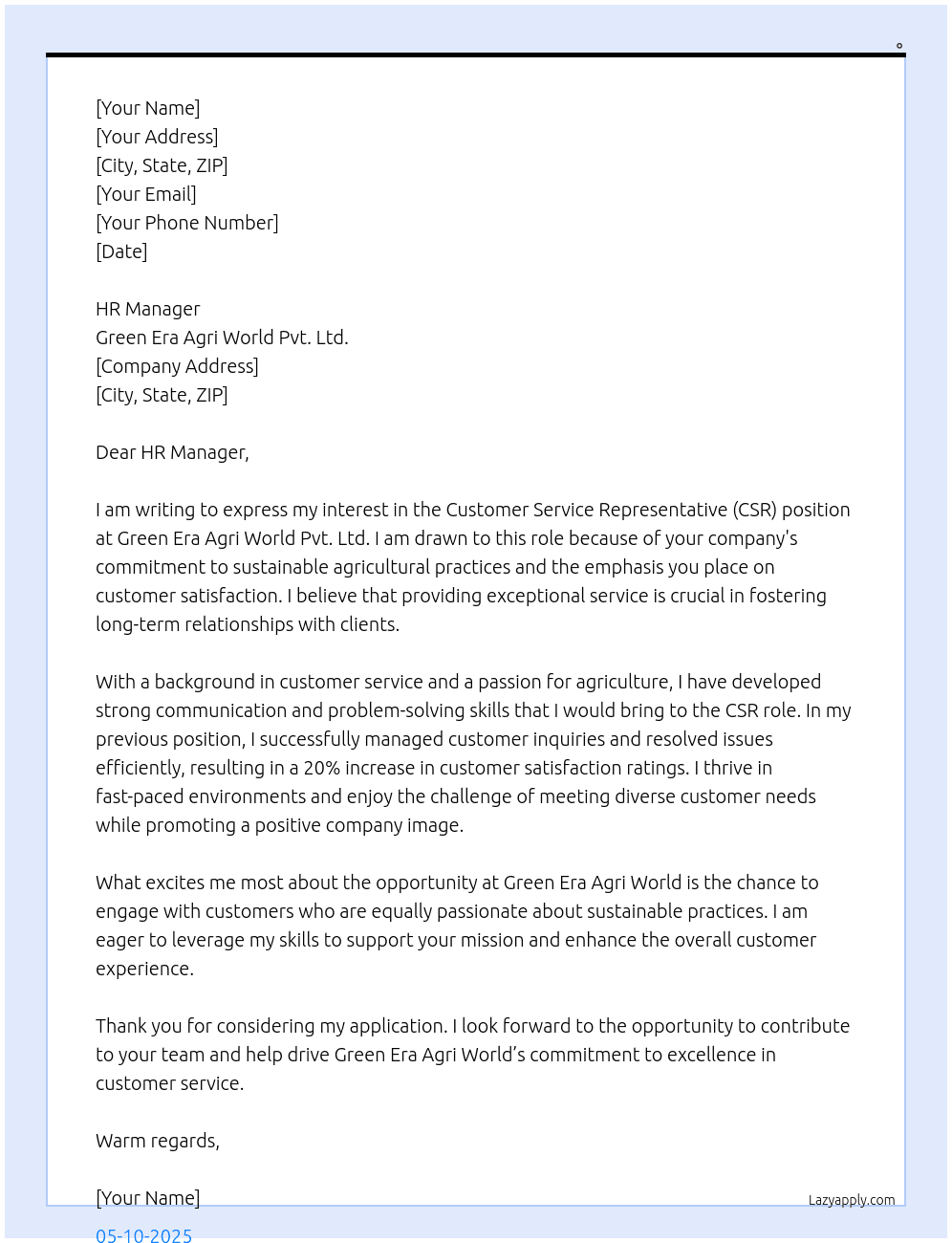 Customer Service Representative (CSR) At Green Era Agri World Pvt. Ltd. Cover Letter