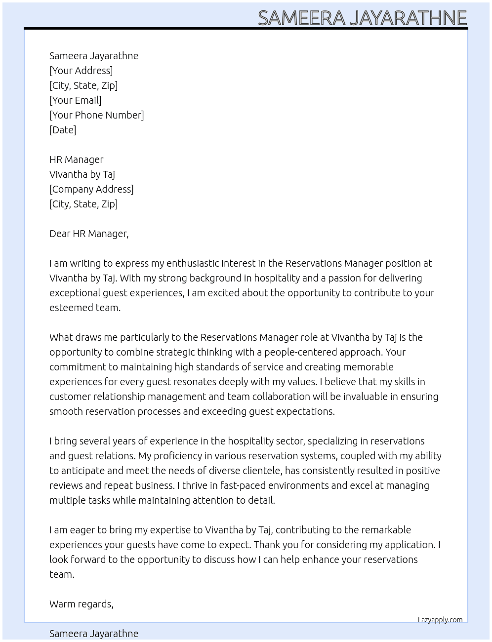 Reservations Manager At Vivantha by Taj Cover Letter