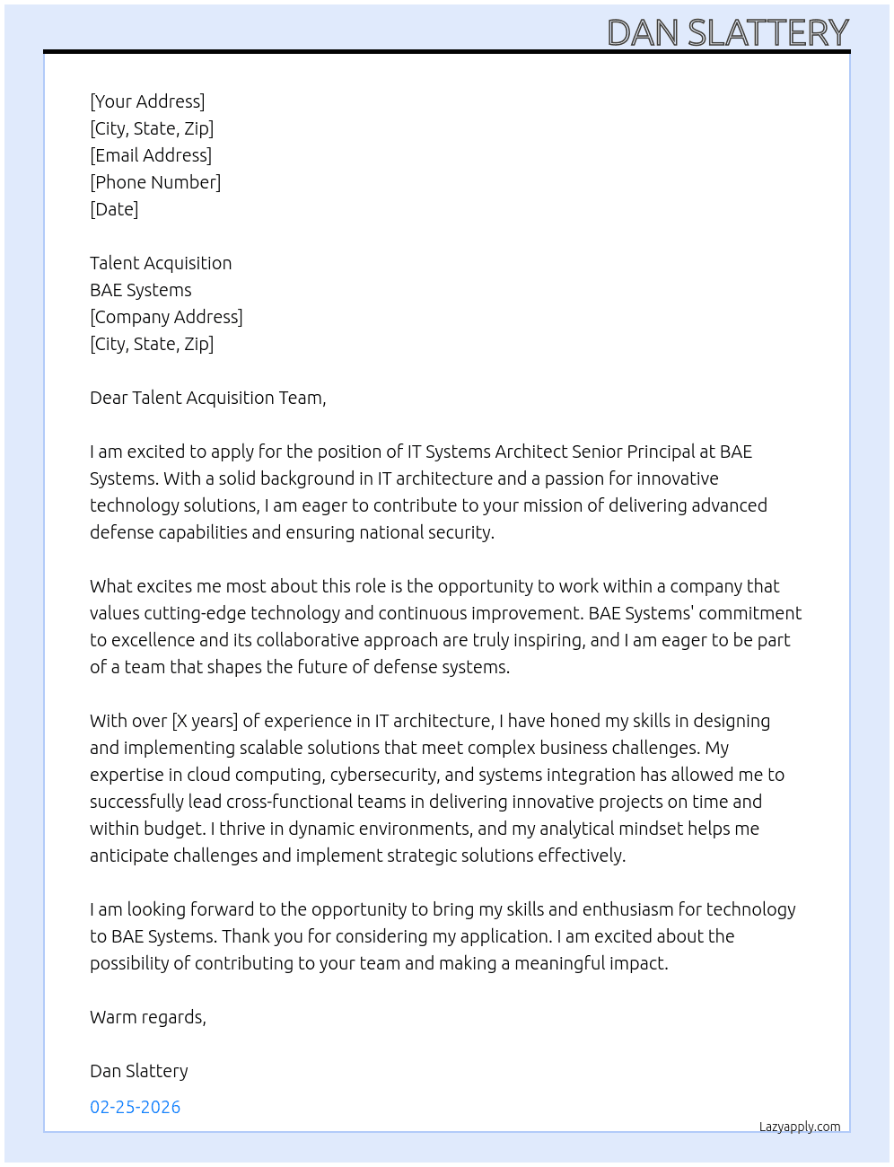 IT Systems Architect Senior Principal At BAE Systems Cover Letter
