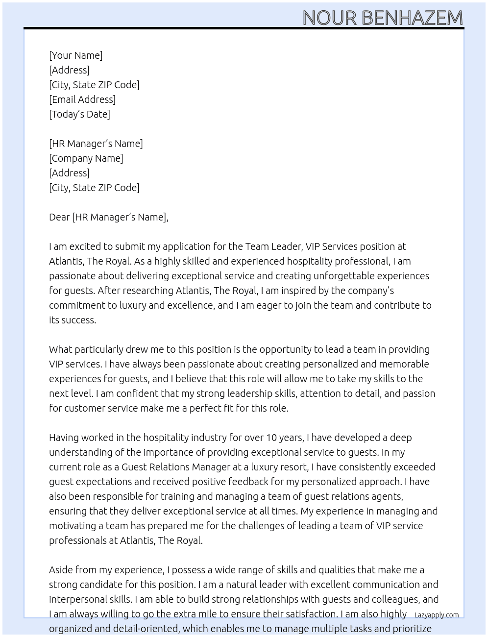 Team Leader, VIP Services  At atlantis the royal  Cover Letter
