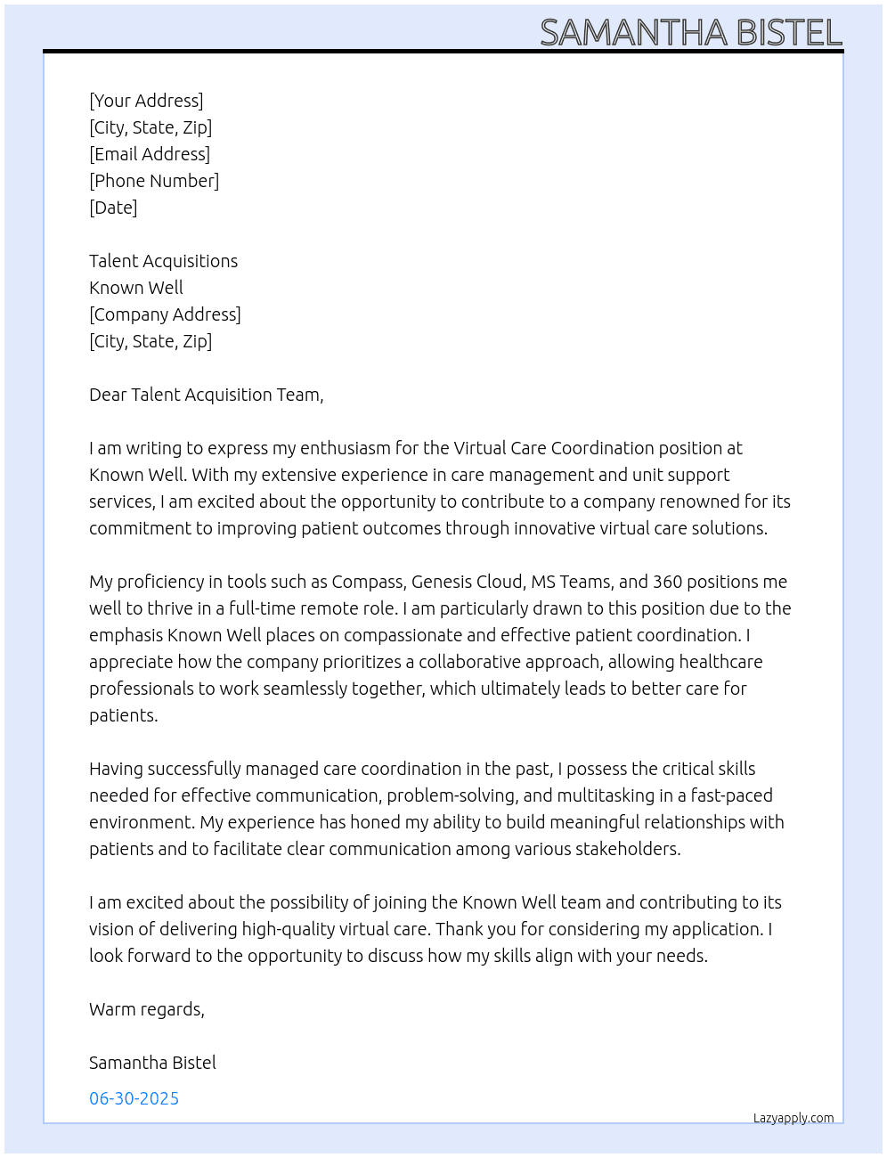 Virtual Care Coordination  At Known Well Cover Letter