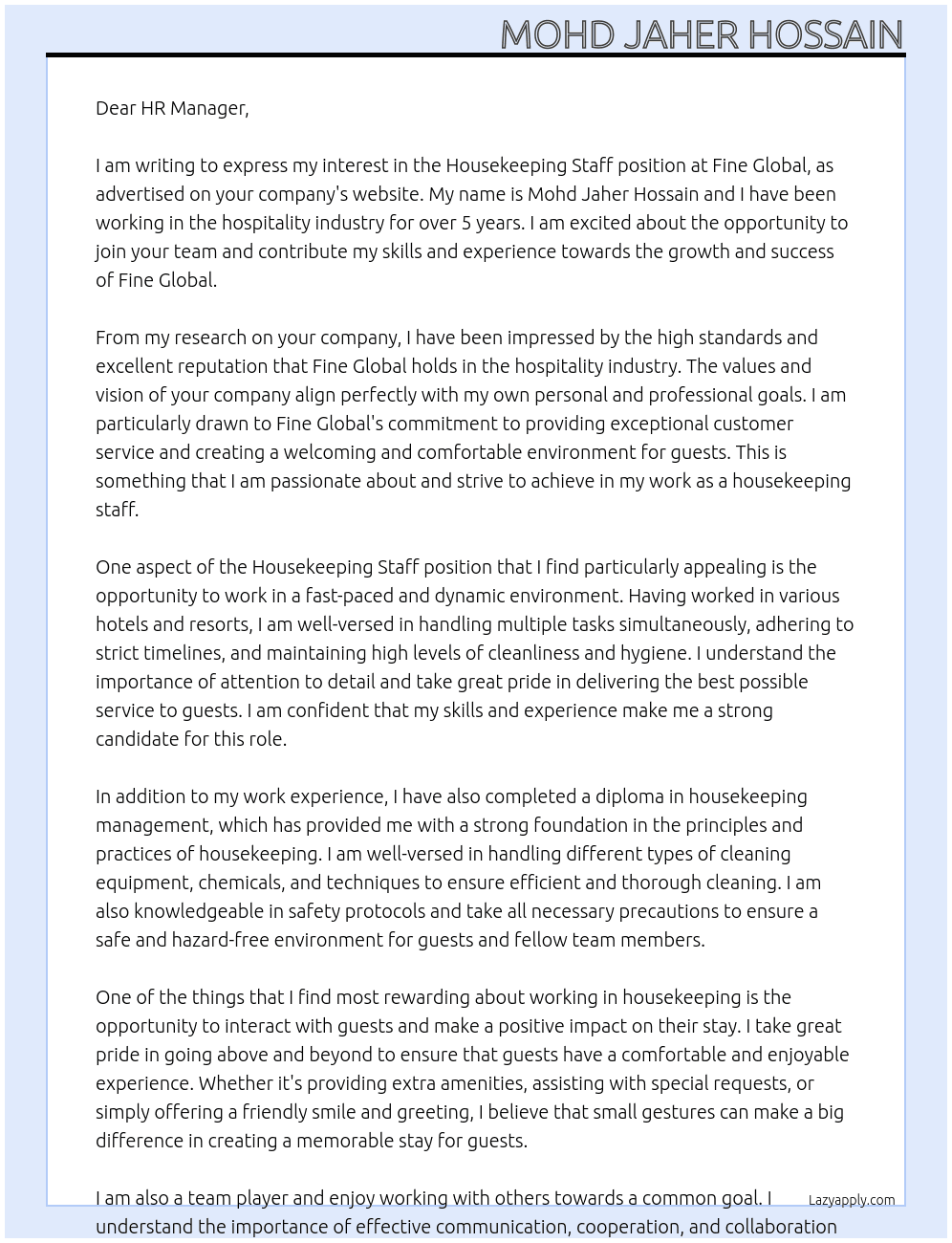 Housekeeping Staff At Fine Global  Cover Letter