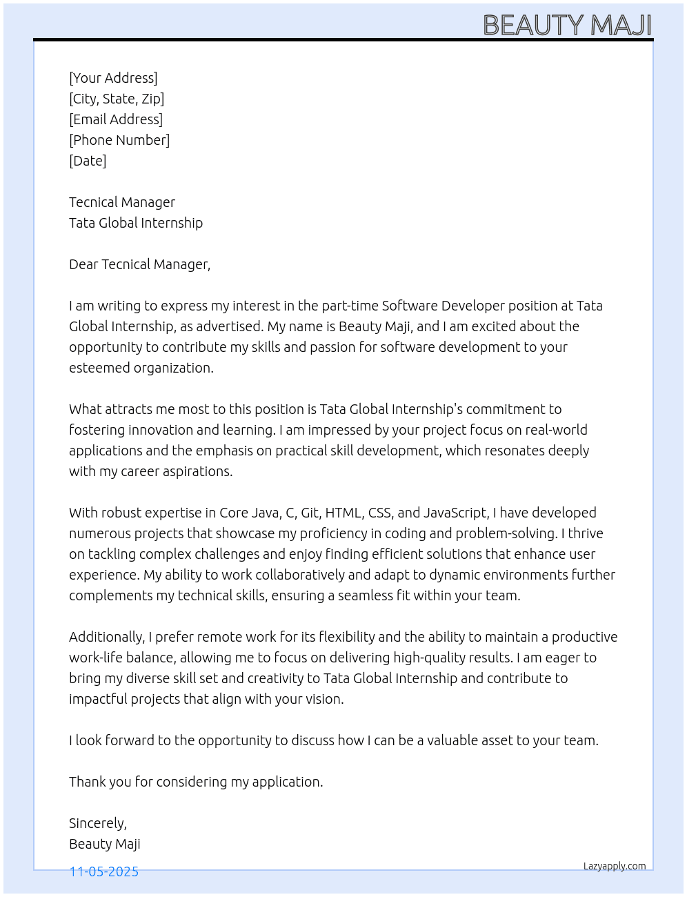 Software Developer At Tata Global Internship Cover Letter