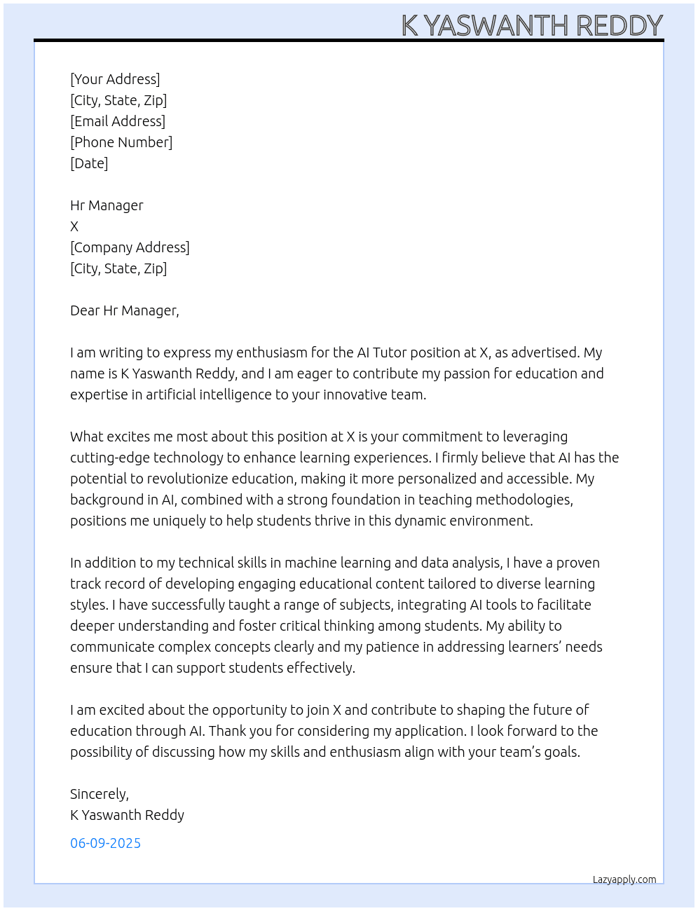 Ai Tutor At X Cover Letter