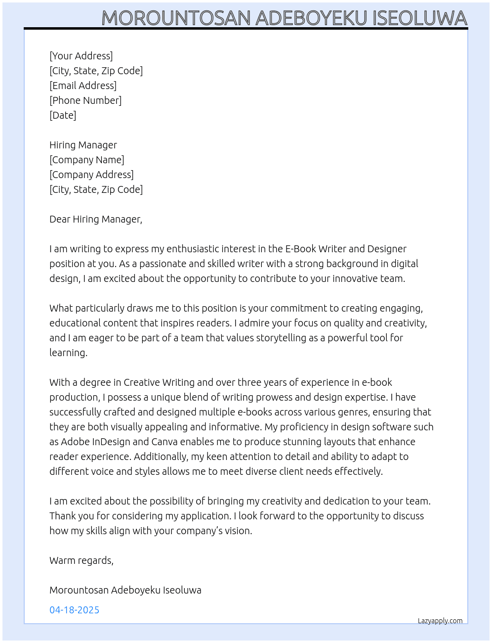 E-Book Writer and Designer At you Cover Letter