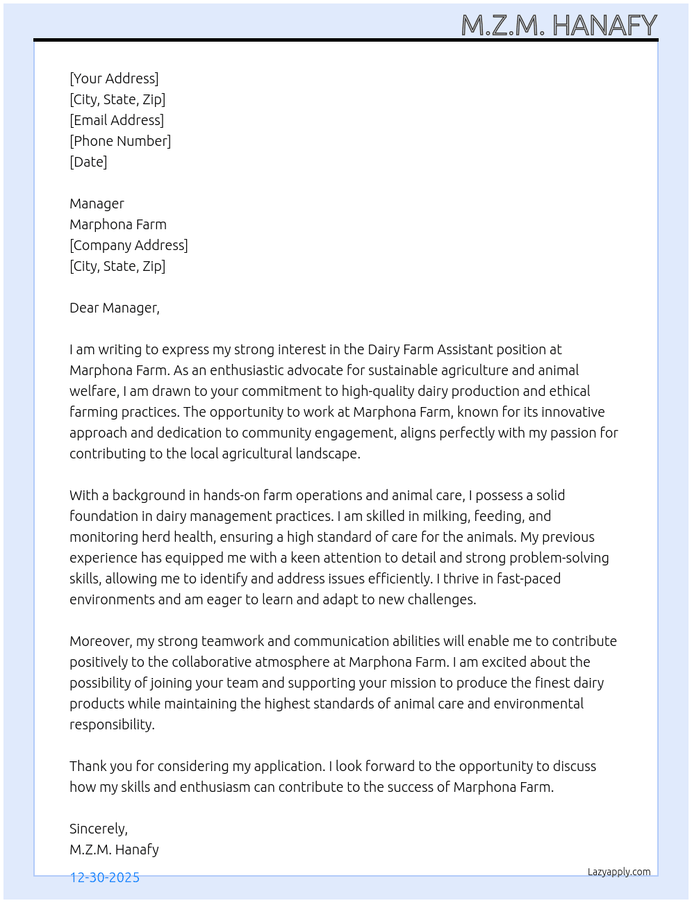 Dairy Farm Assistant At Marphona Farm Cover Letter