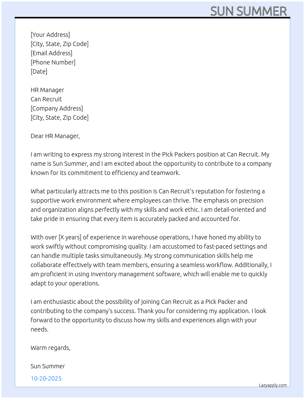 Pick Packers At Can recruit  Cover Letter