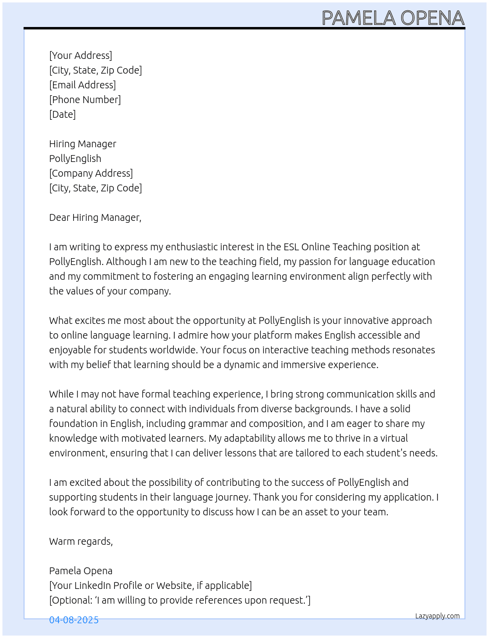 ESL Online Teaching No Experience At PollyEnglish Cover Letter