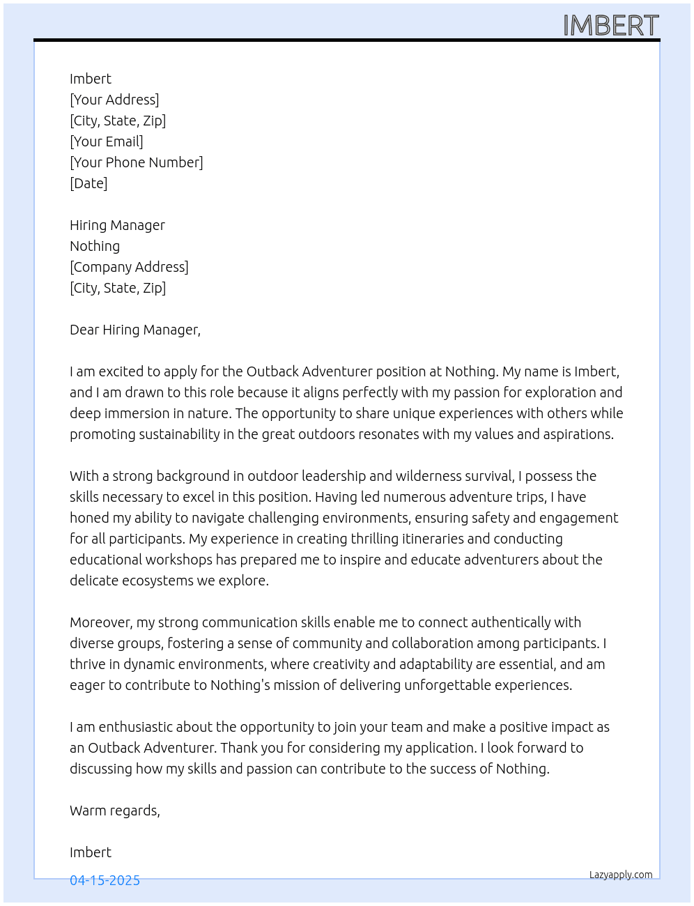 Outback adventurer At Nothing Cover Letter