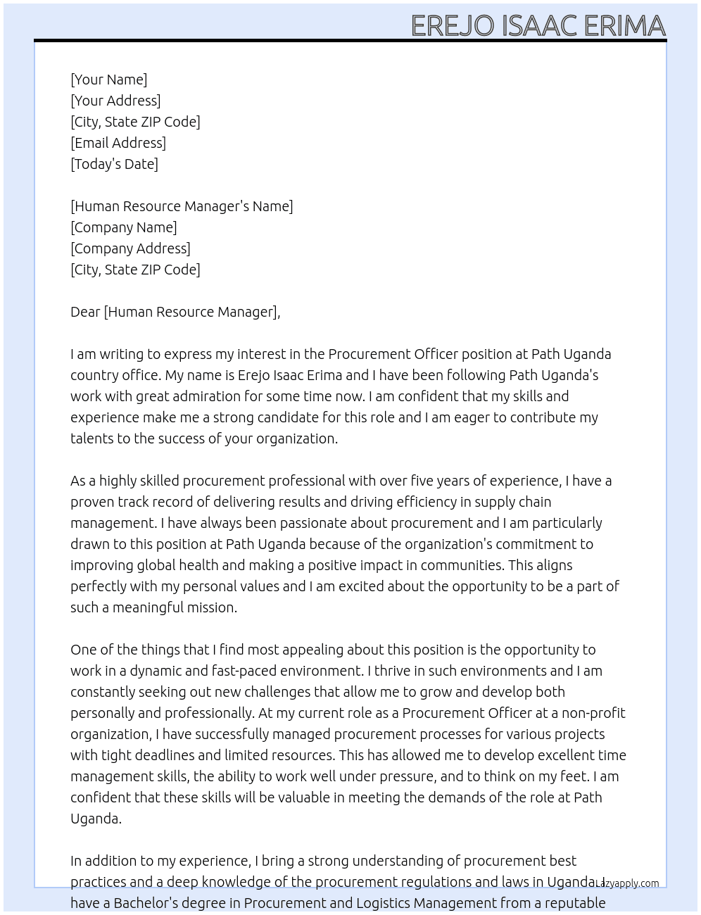 Procurement officer At Path Uganda country office Cover Letter