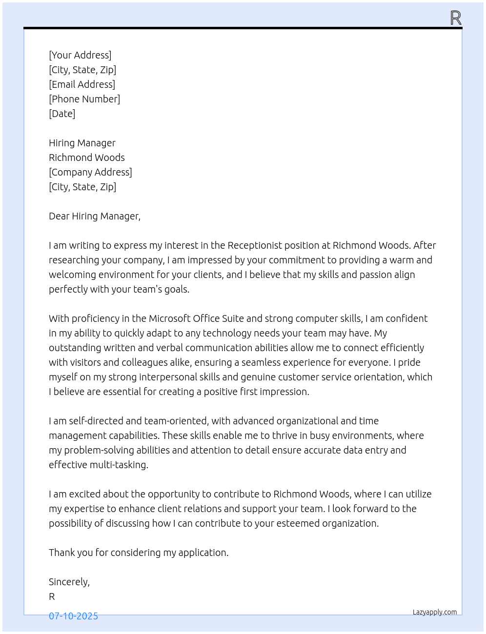 Receptionist At Richmond Woods Cover Letter