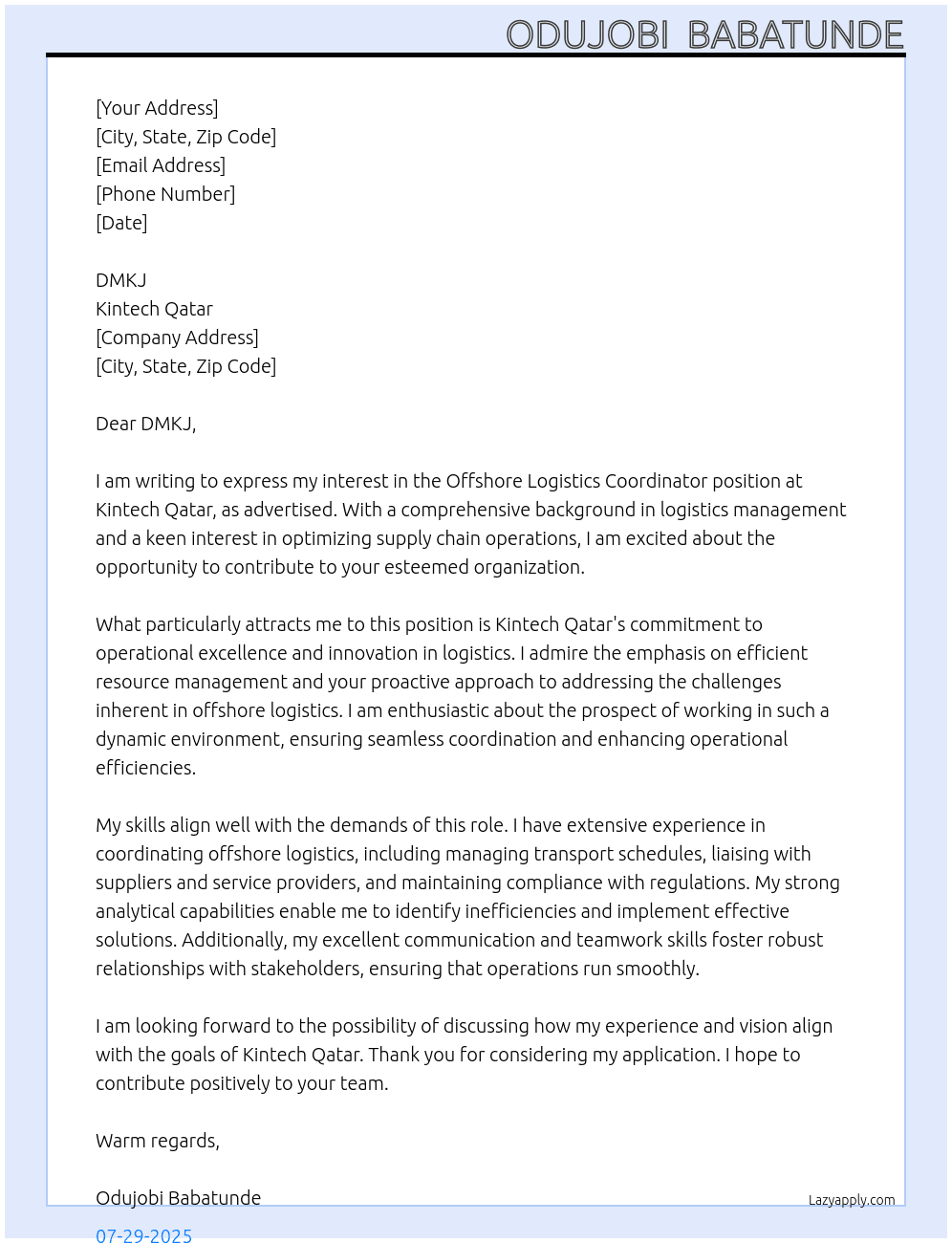 Offshore Logistics Coordinator  At Kintech Qatar Cover Letter