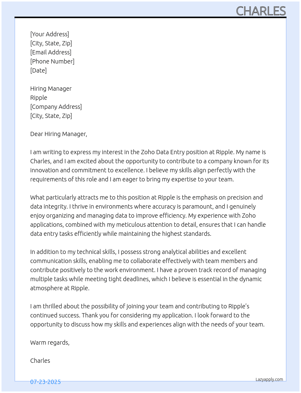 Cover letter for zoho data entry - LazyApply