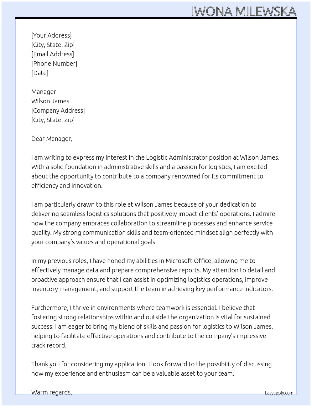 Logistic administrator At Wilson James Cover Letter
