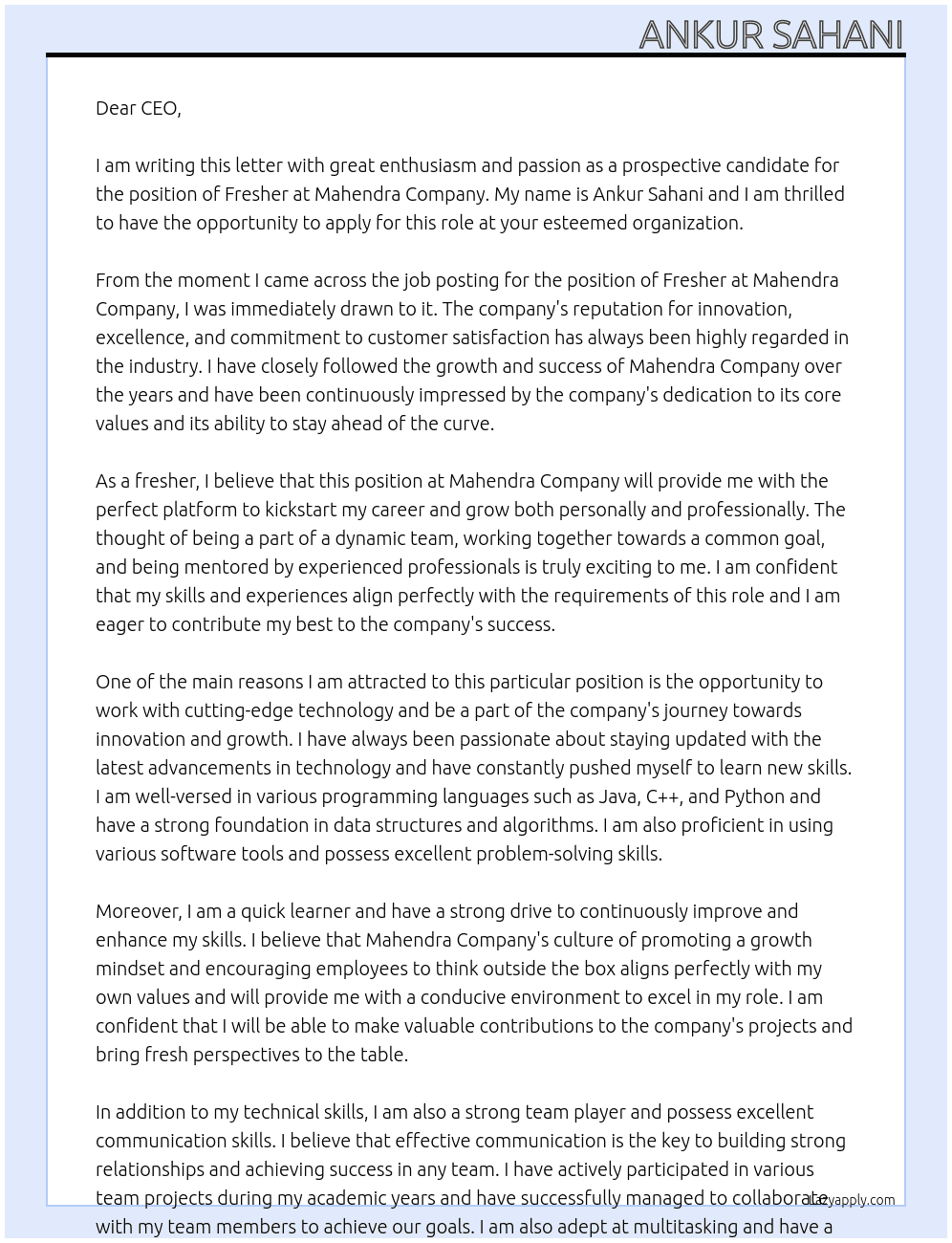 Fresher At Mahendra company Cover Letter