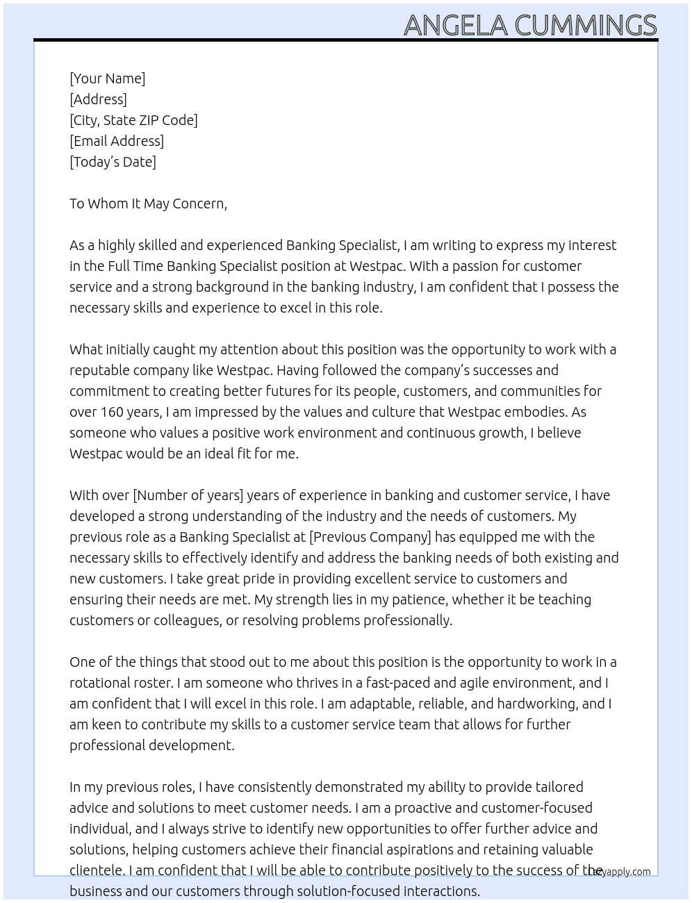 Banking Specialist  At Westpac Cover Letter