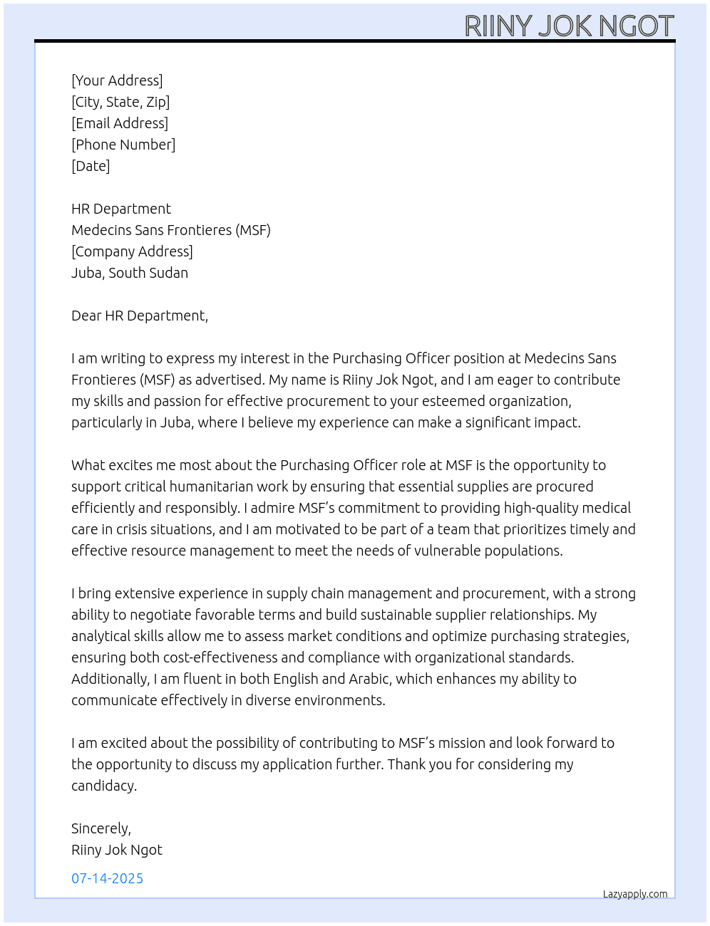 Cover letter for purchasing officer - LazyApply