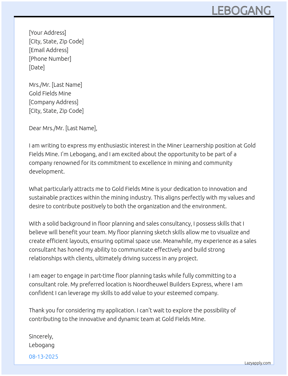 Miner learnership At Gold Fields Mine Cover Letter