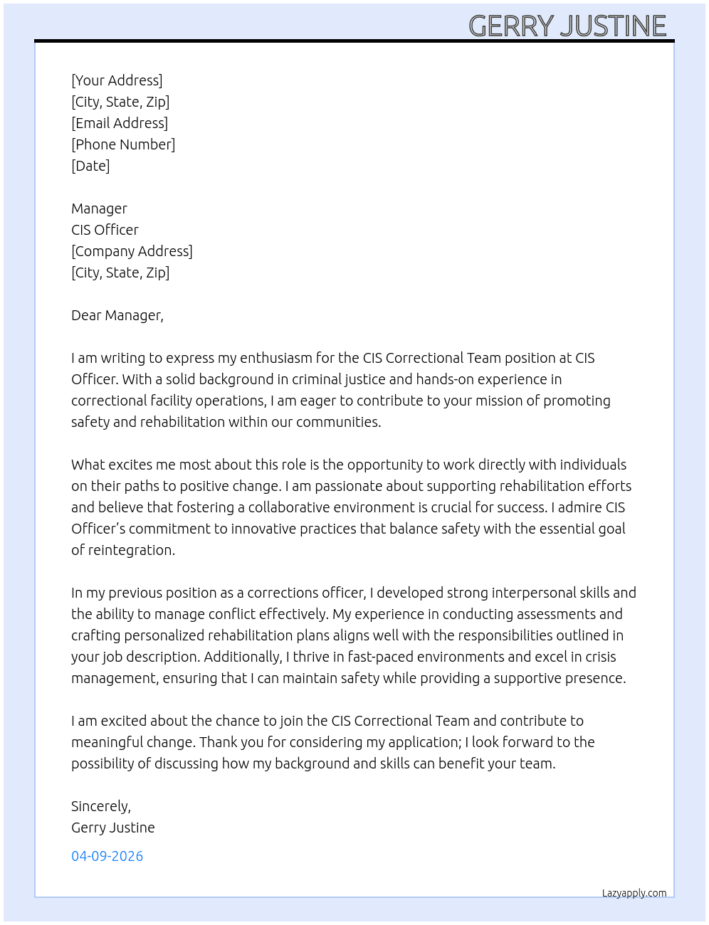 CIS CORRECTIONAL TEAM At CIS OFFICER Cover Letter