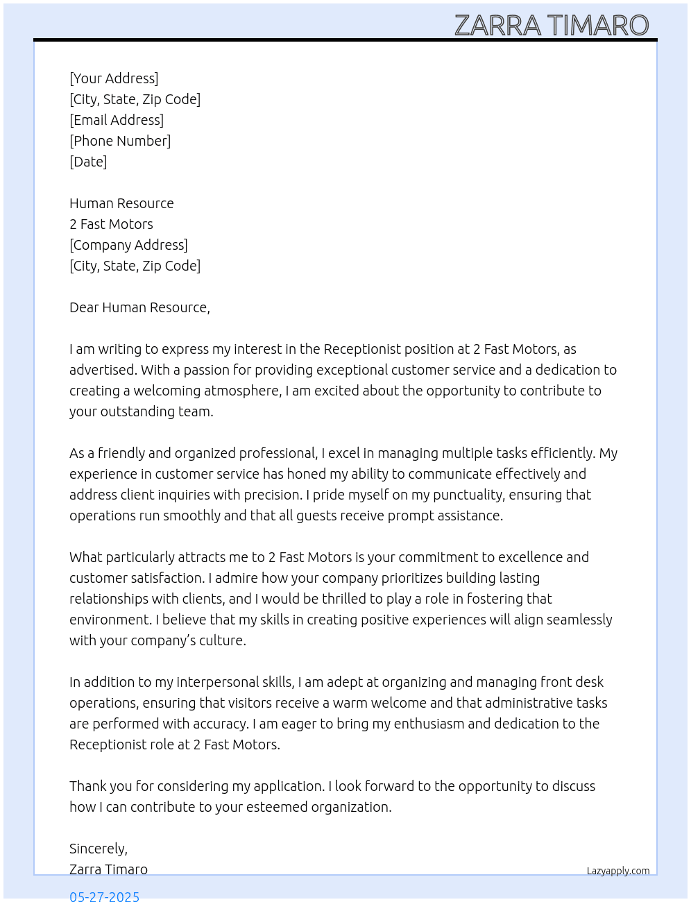 Receptionist  At 2 Fast Motors Cover Letter