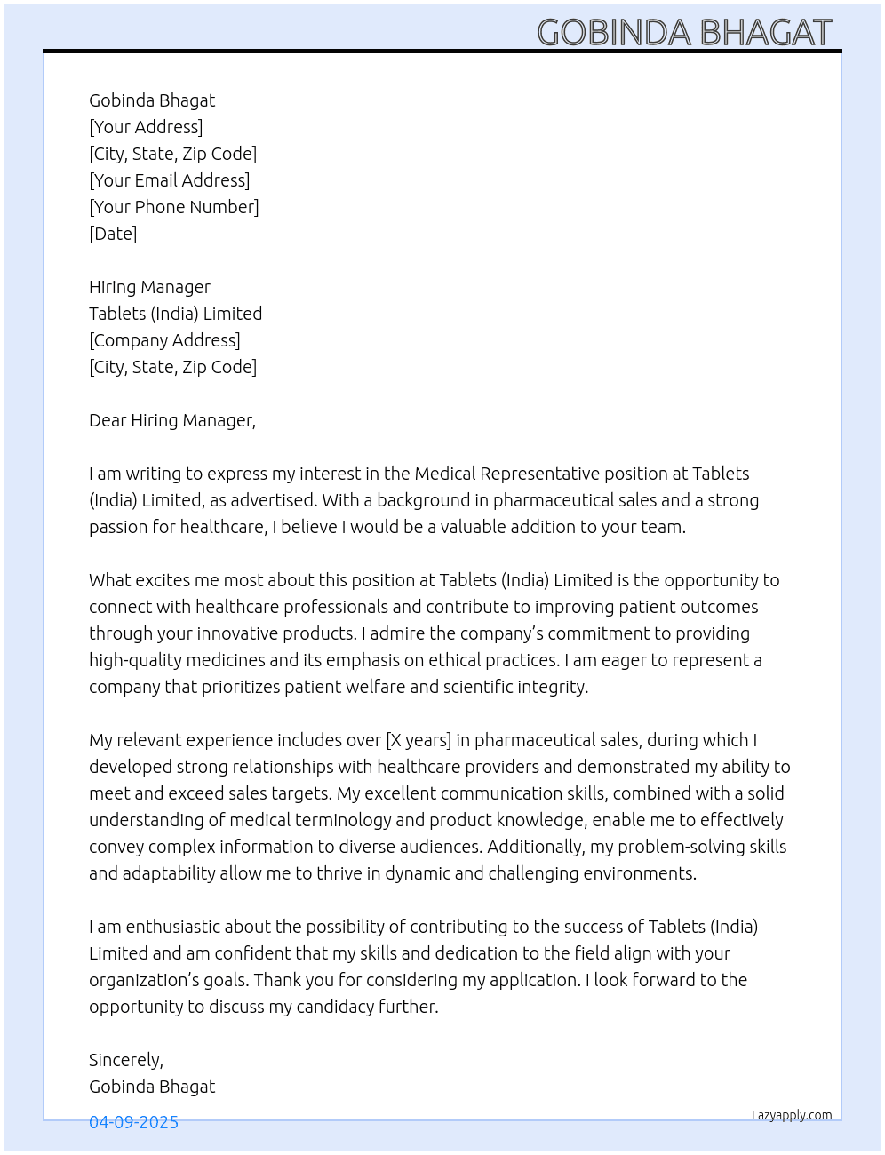 Cover letter for medimedical representative - LazyApply