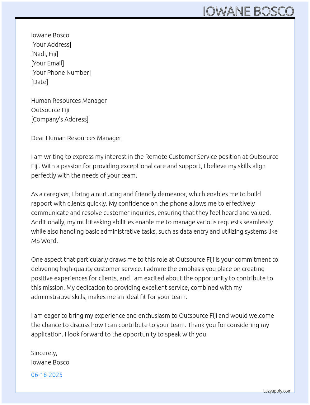 Remote Customer Service  At Outsource Fiji Cover Letter