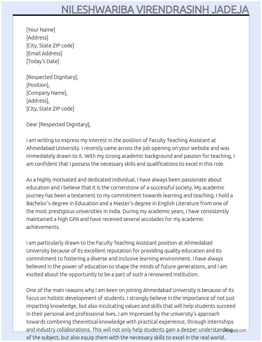 Cover letter for faculty teaching assistant - LazyApply