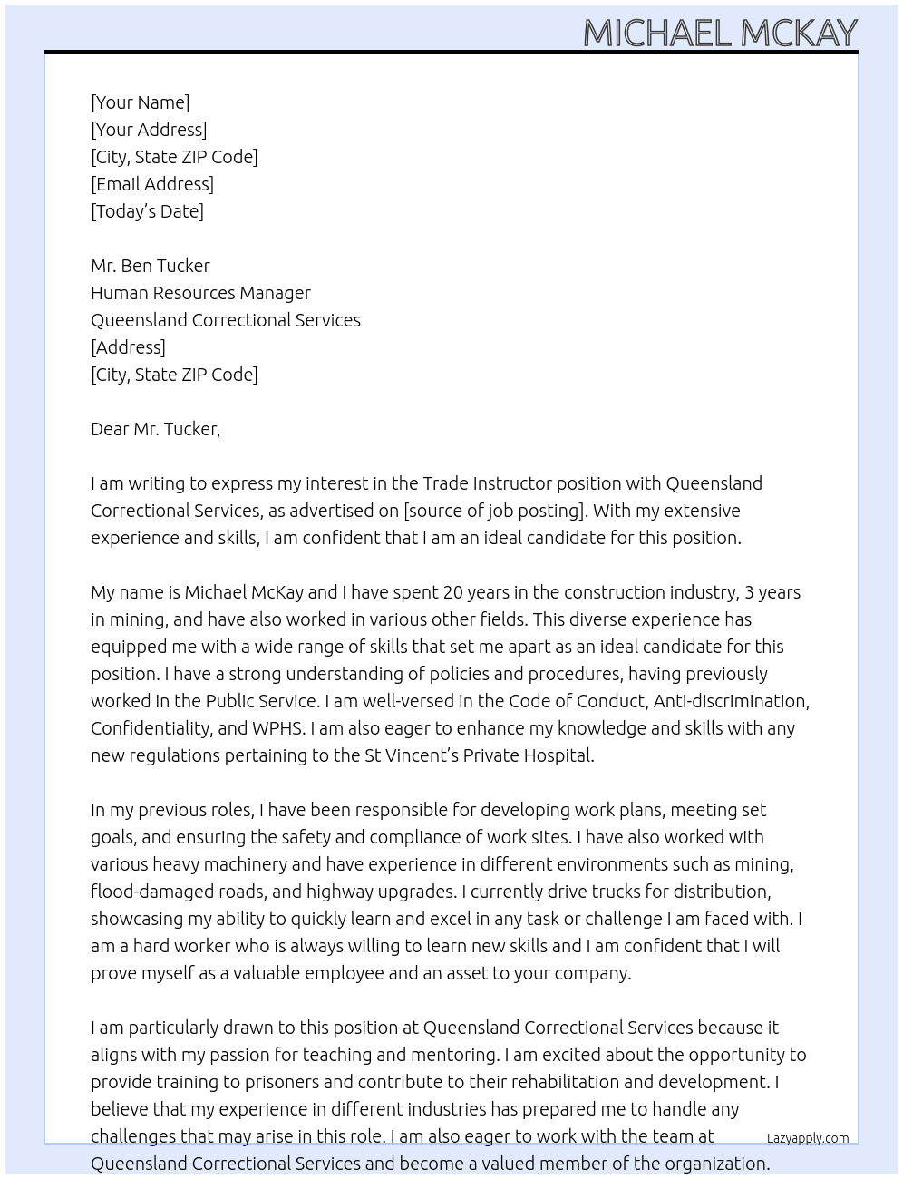 Cover letter for trade instructor - LazyApply