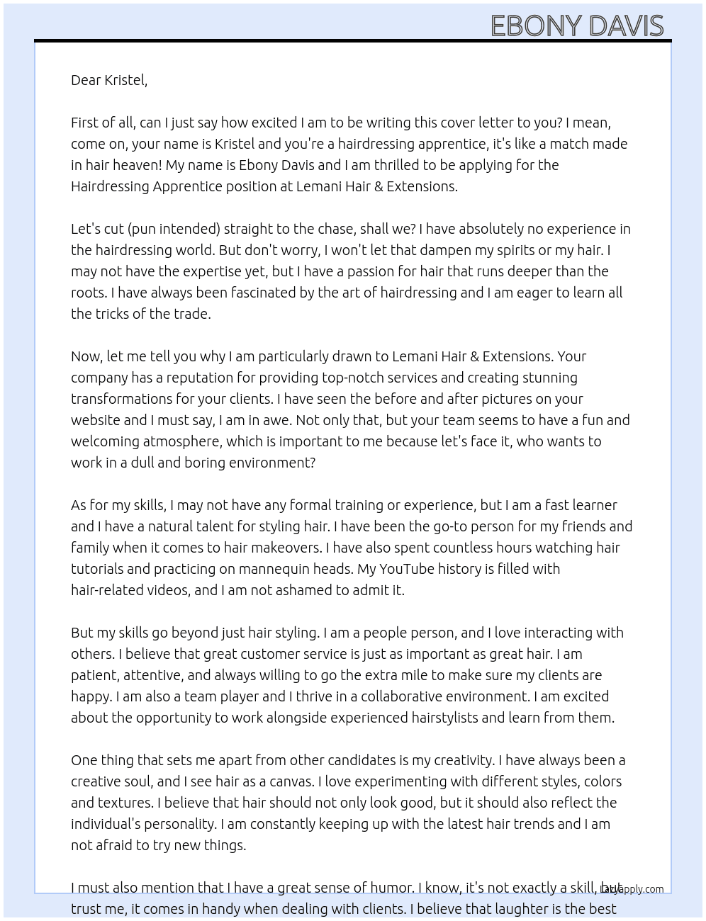 Hairdressing Apprentice At Lemani Hair & Extensions Cover Letter