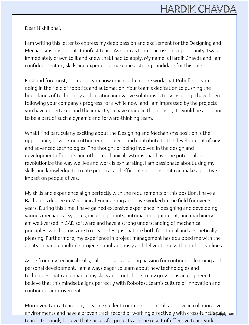 Cover letter for designing,  mechanisms - LazyApply