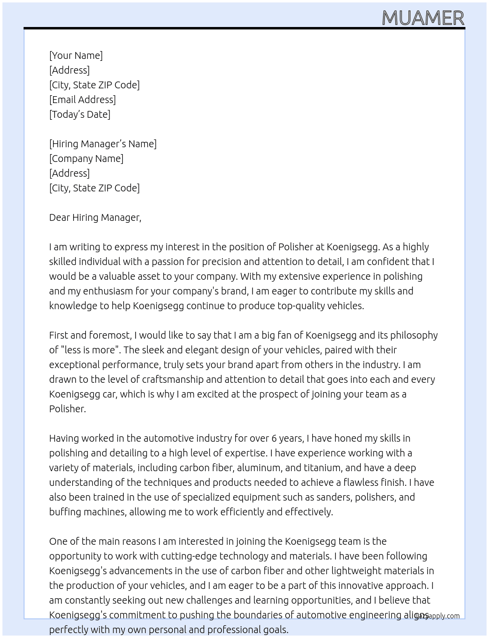 Polisher At Koenigsegg Cover Letter