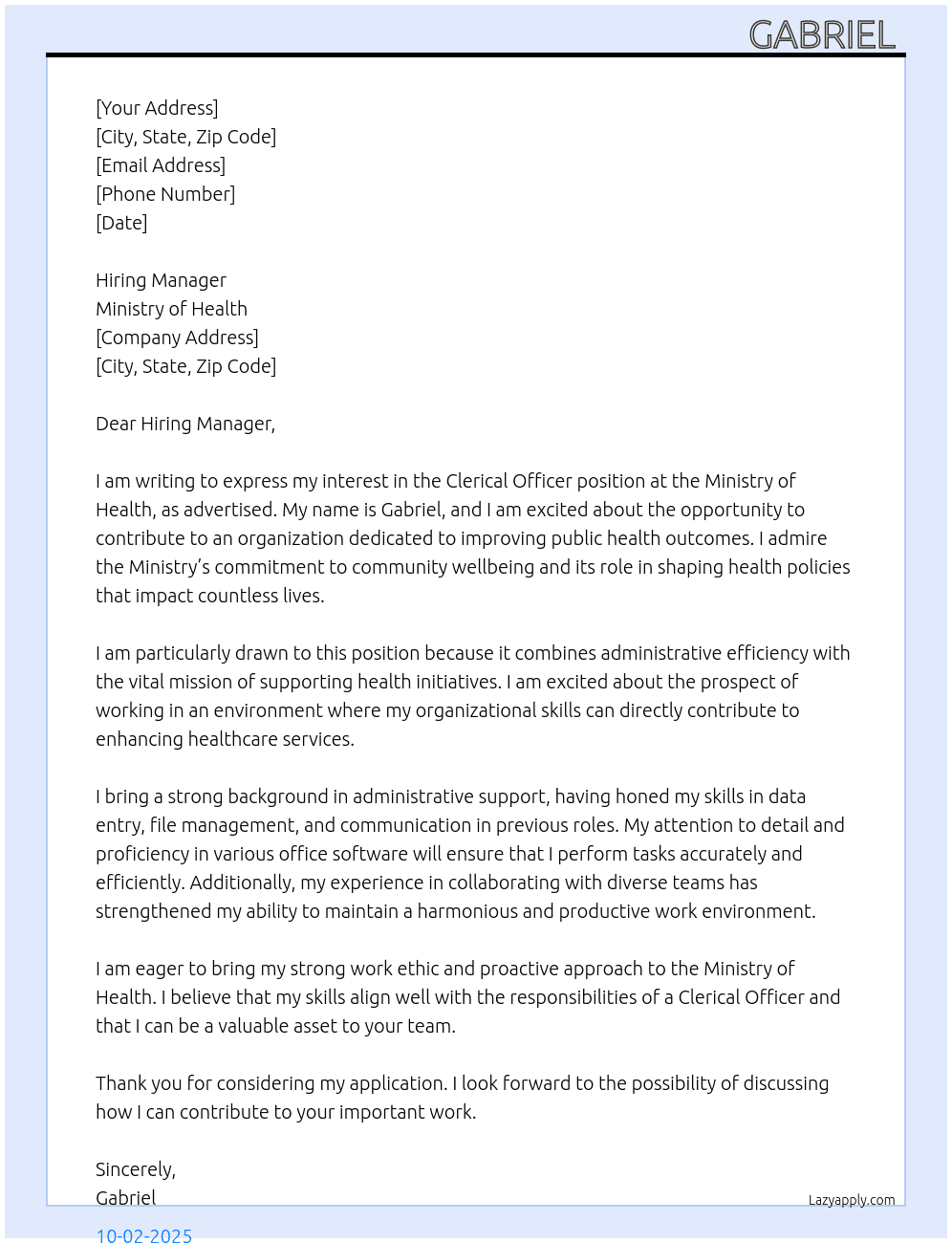 Clerical officer  At Ministry of health  Cover Letter
