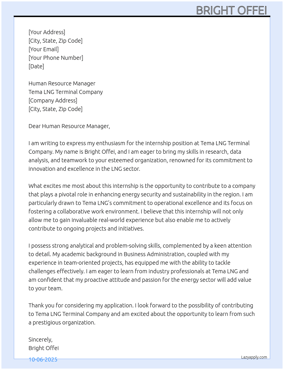 intern  At Tema LNG Terminal Company  Cover Letter